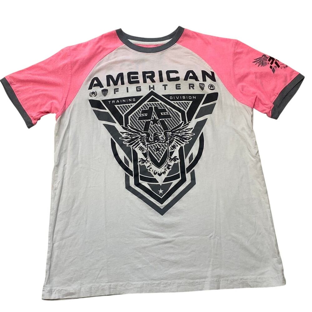 American Fighter Pink Grey White Raglan Graphic T-Shirt Men XL